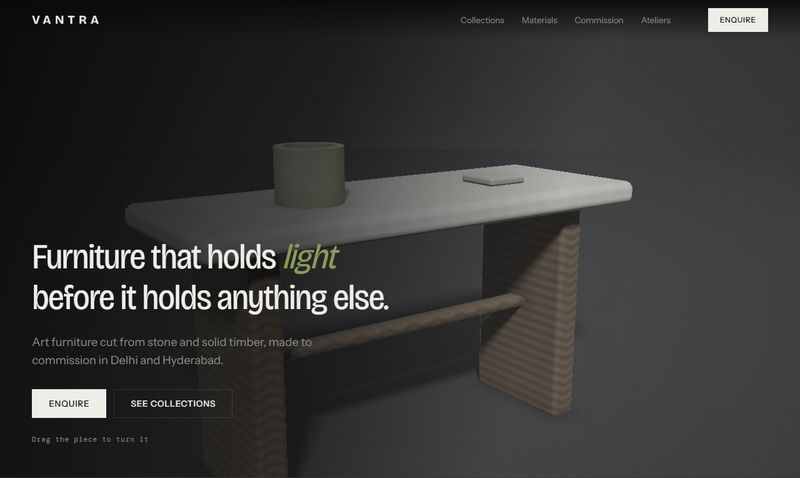 Vantra furniture example site with a console table lit in real time